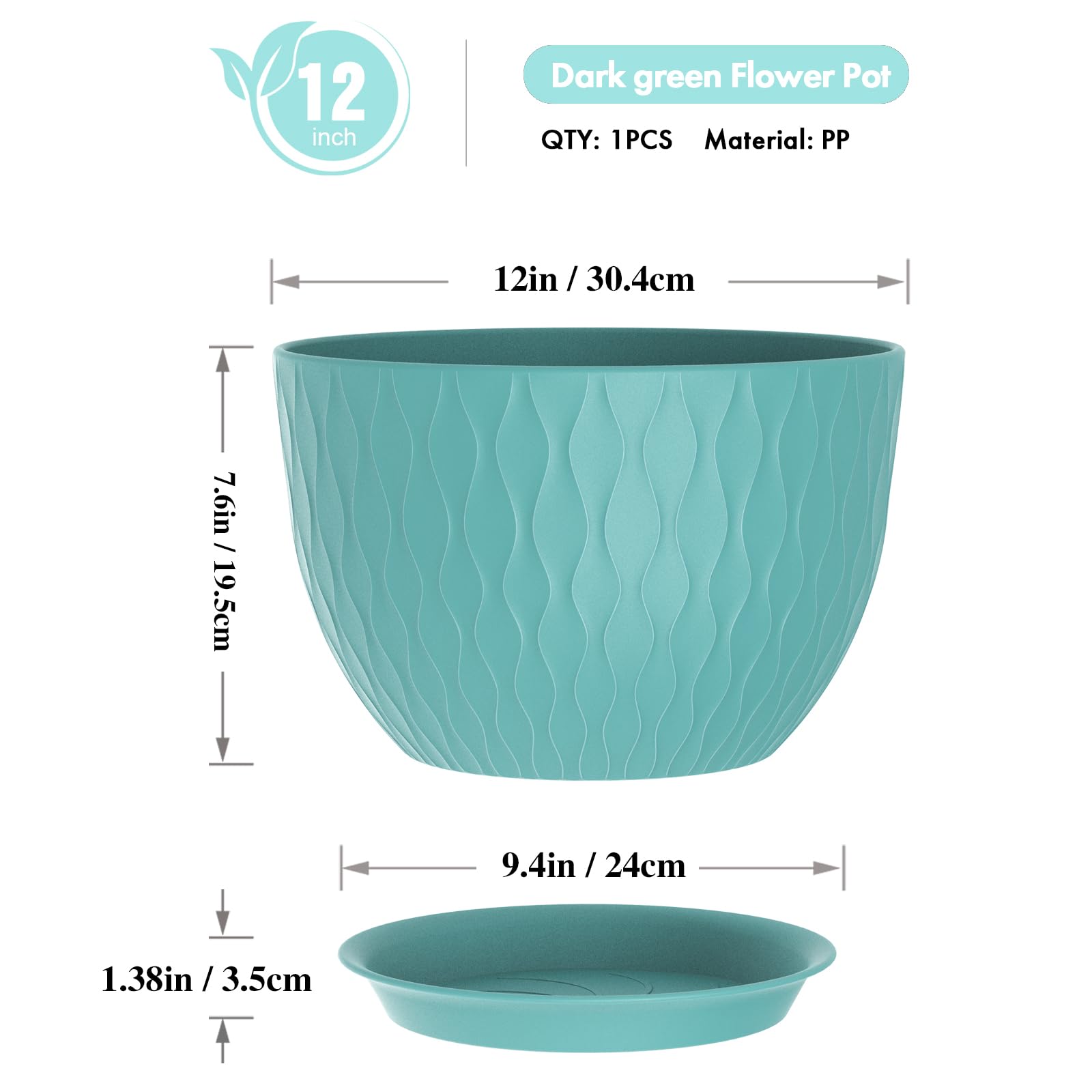 WSMKSZ blue-green plastic plant pot 12in enhances balcony or windowsill decor.