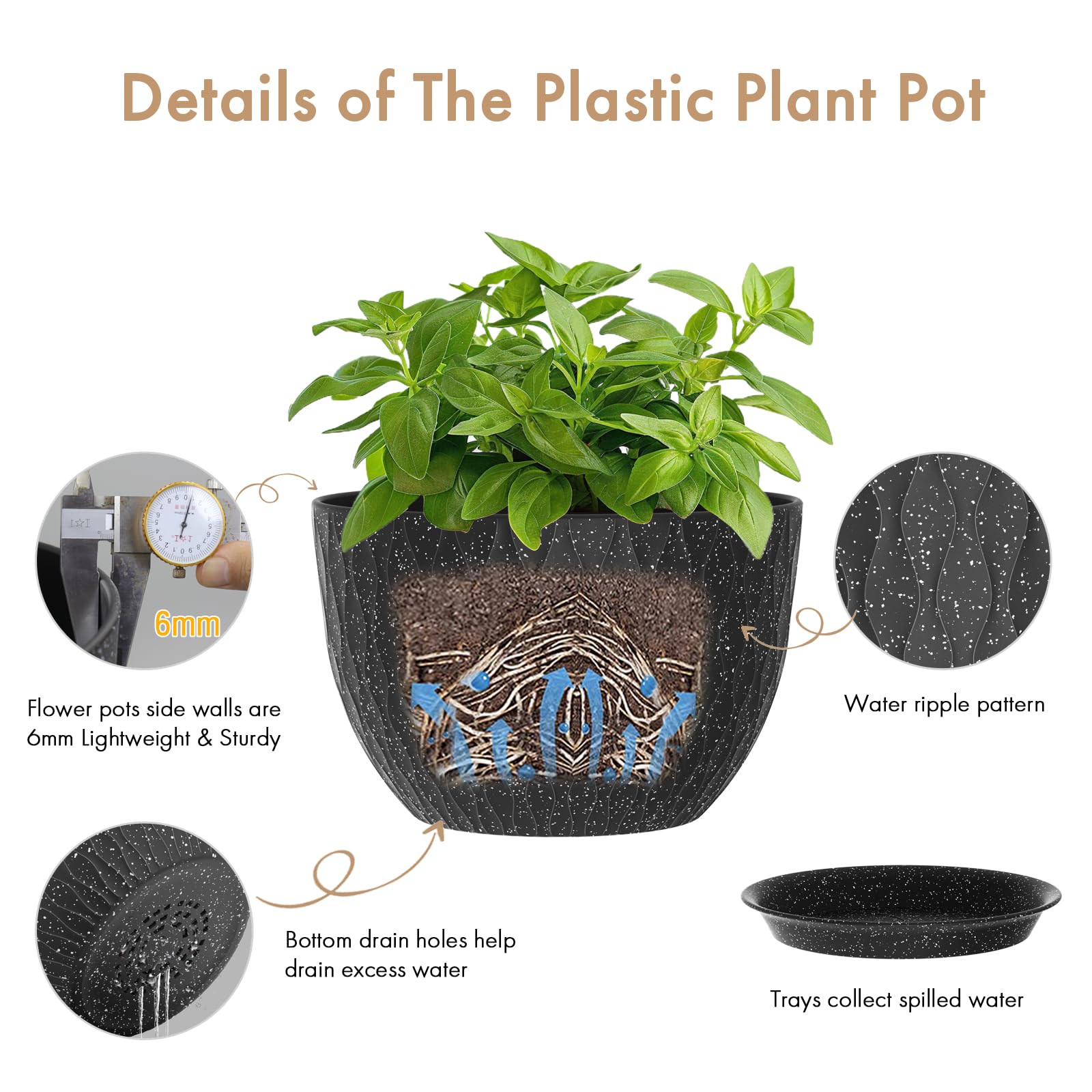 WSMKSZ drainage holes and saucer ensure balanced watering for healthy plants.