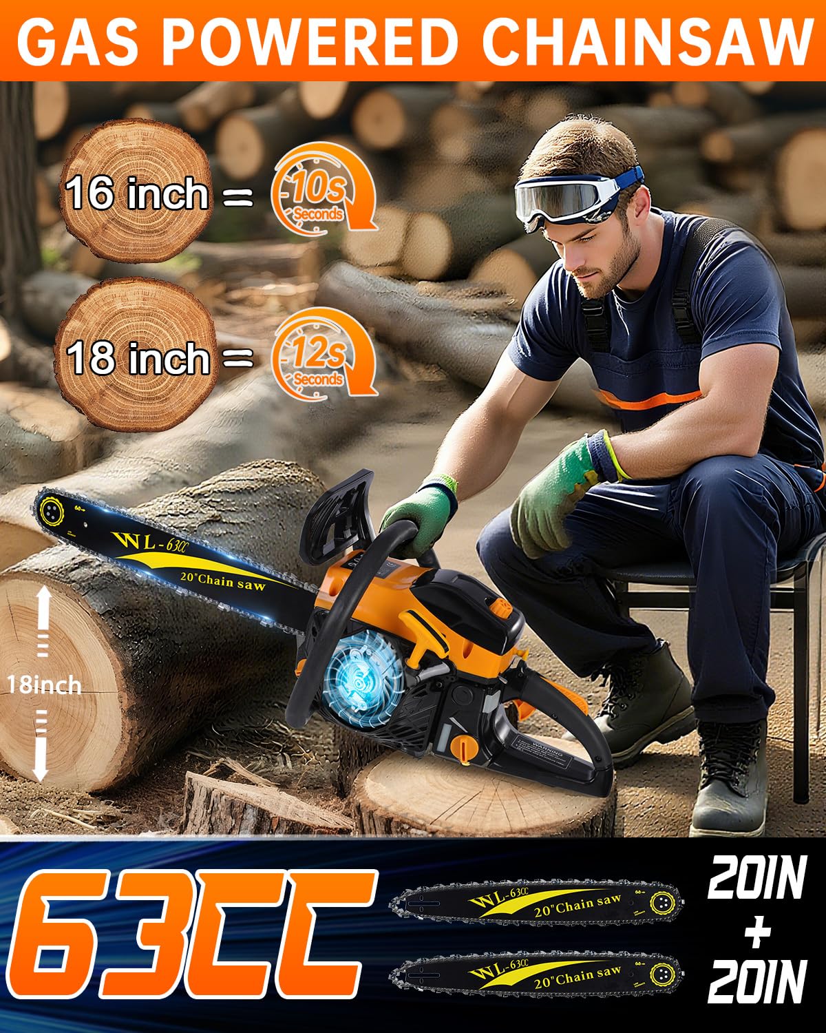 Safety features include chain brake and anti-vibration for controlled operation.