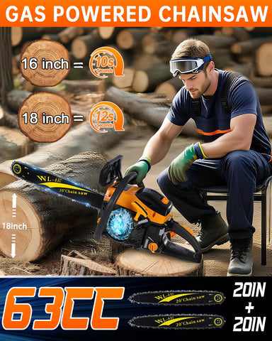 Safety features include chain brake and anti-vibration for controlled operation.