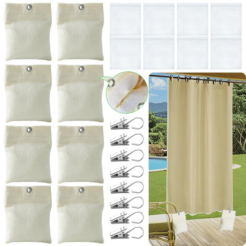 WUBOECE 8-pack outdoor curtain weights stabilize drapes in windy weather.