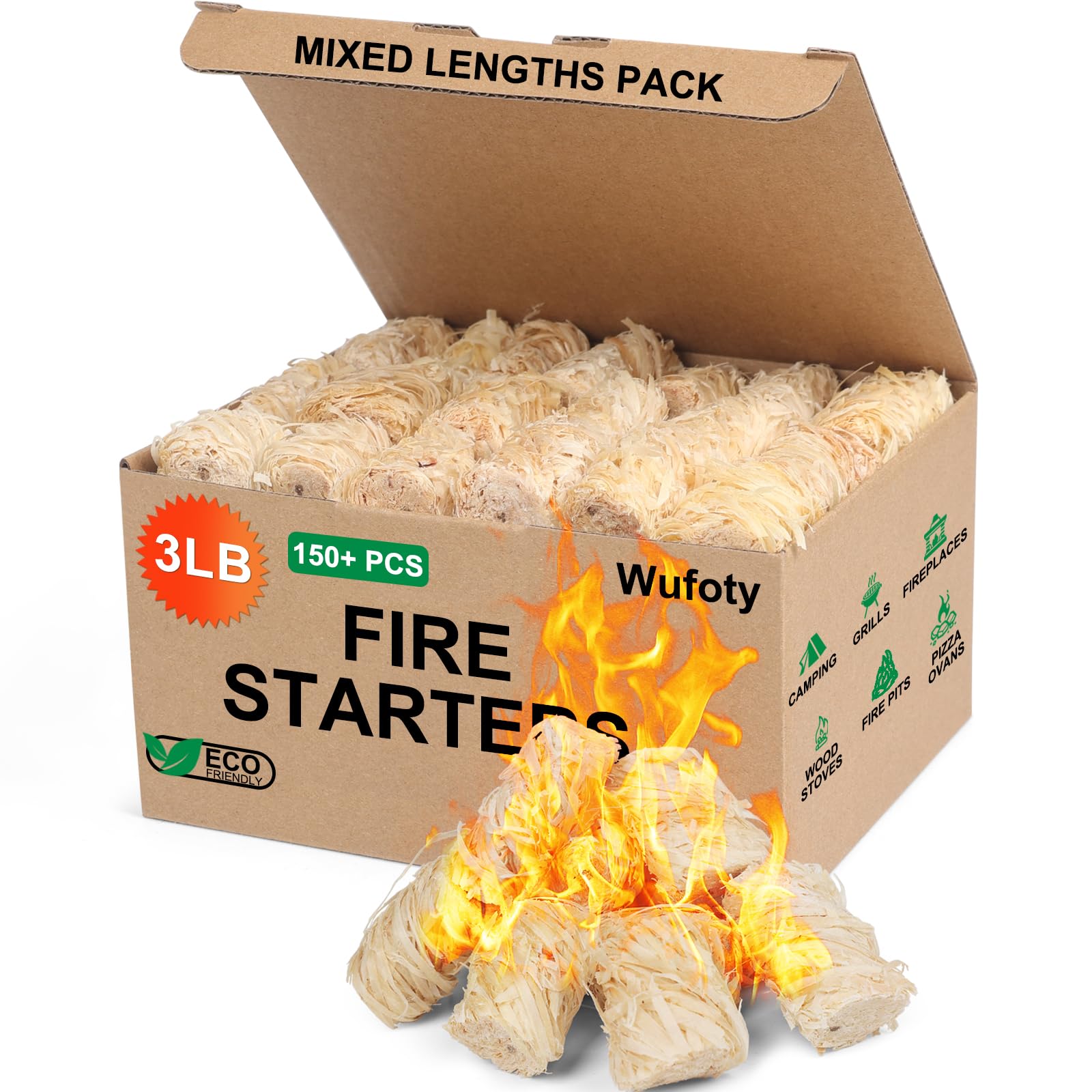 Wufoty 3 lb fire starter pack ready for quick ignition in any outdoor setup.