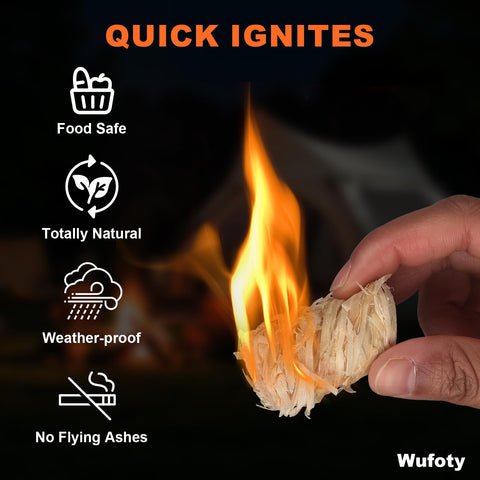 Wufoty fire starter quick-lighting action for campfires with a single match.