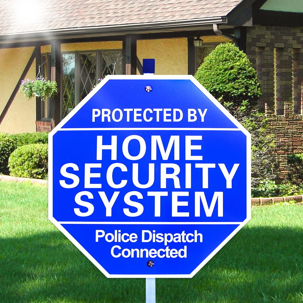 WUQIREN home security sign 10x28 with ground stake boosts yard visibility and deterrence.