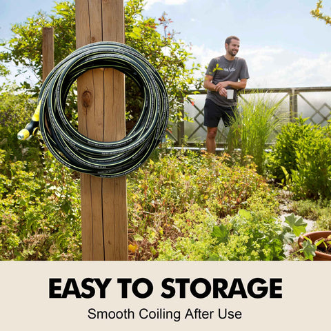 Wurzberge hose in use for garden irrigation and pet cleaning.