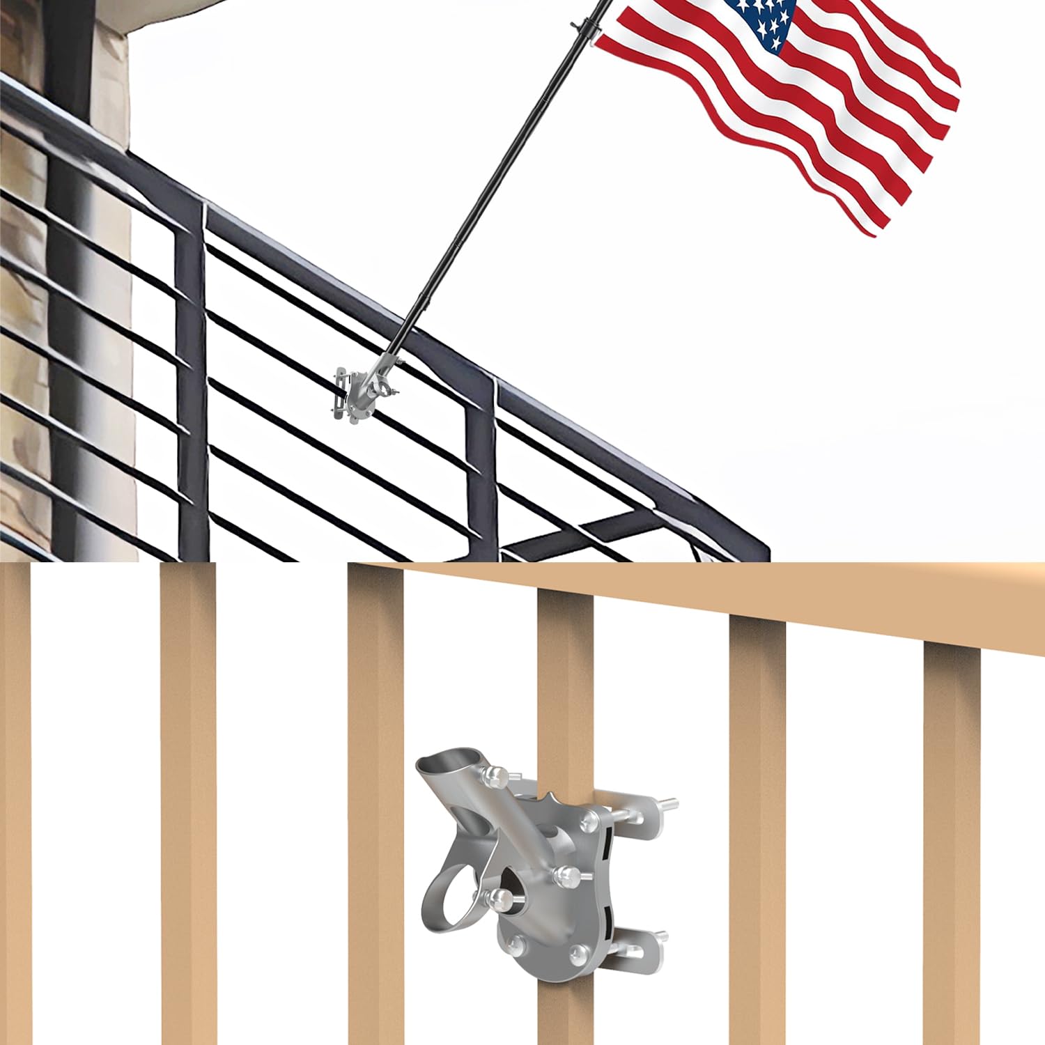 Wuutyty no-drilling bracket mounted on horizontal rail for outdoor flag display