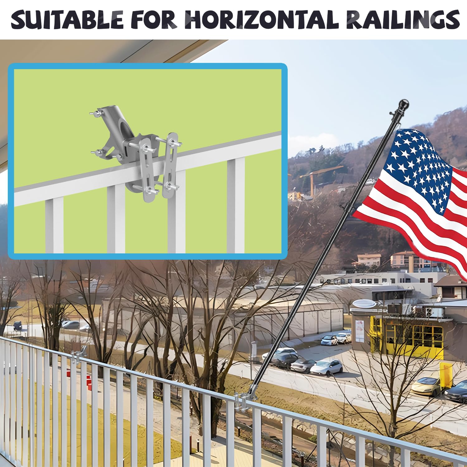 Wuutyty wall-mount bracket securing flagpole to flat surface