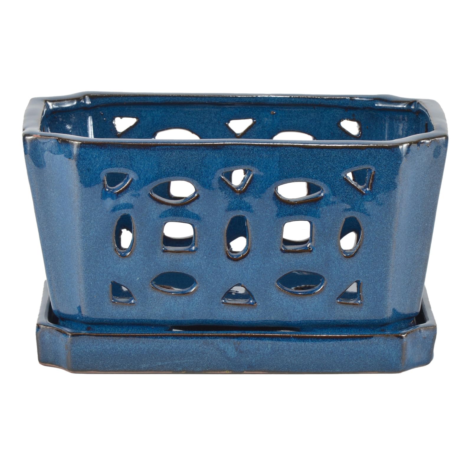 W&W orchid pot blue close-up shows elegant glazed finish and texture.