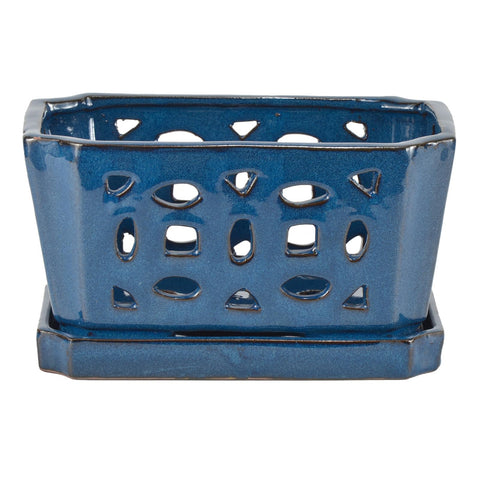 W&W orchid pot blue close-up shows elegant glazed finish and texture.