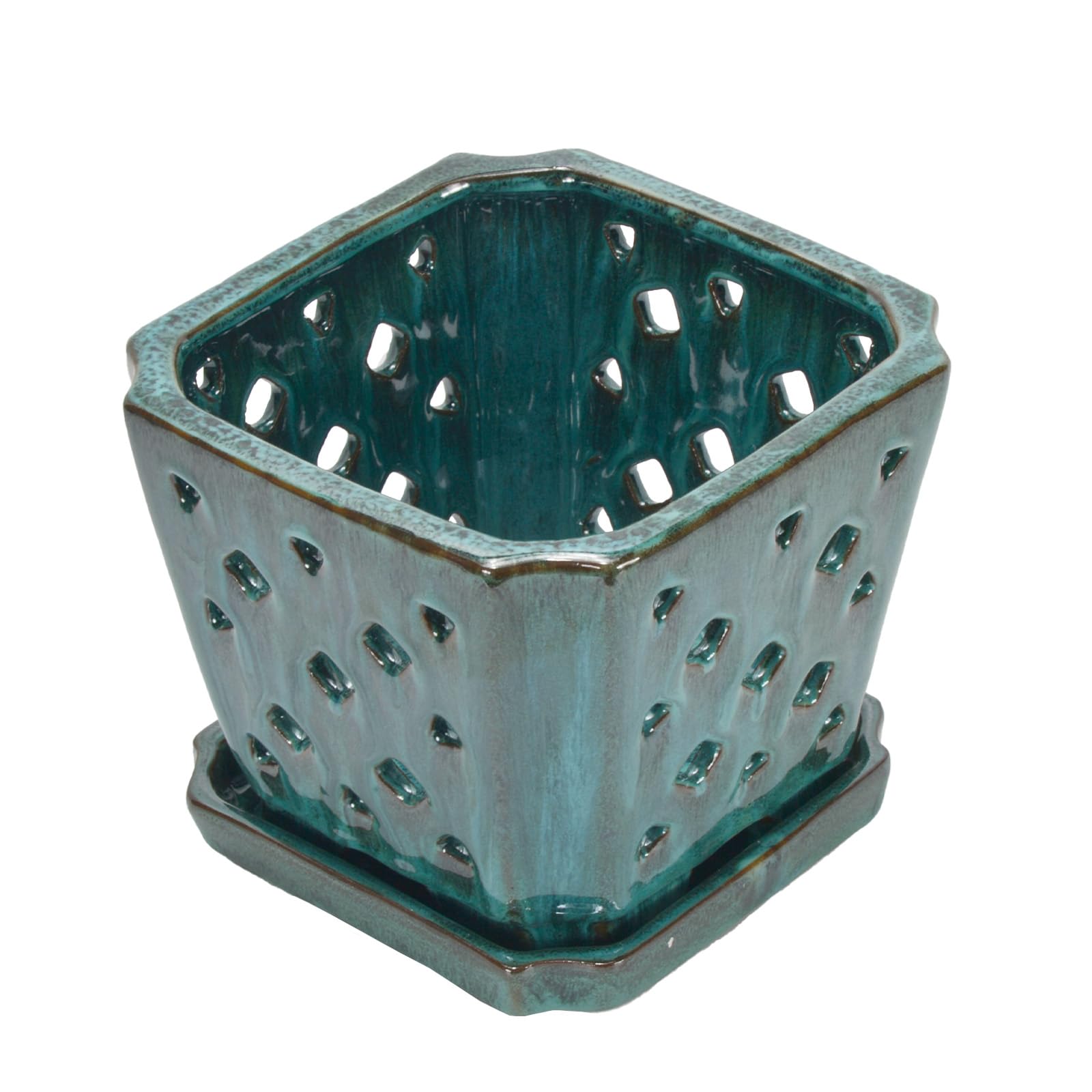 W&amp;W orchid pot glazed finish in green adds decorative appeal.