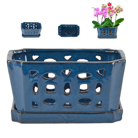 W&W Orchid Pot with holes and saucer in blue, promoting drainage for healthy roots.