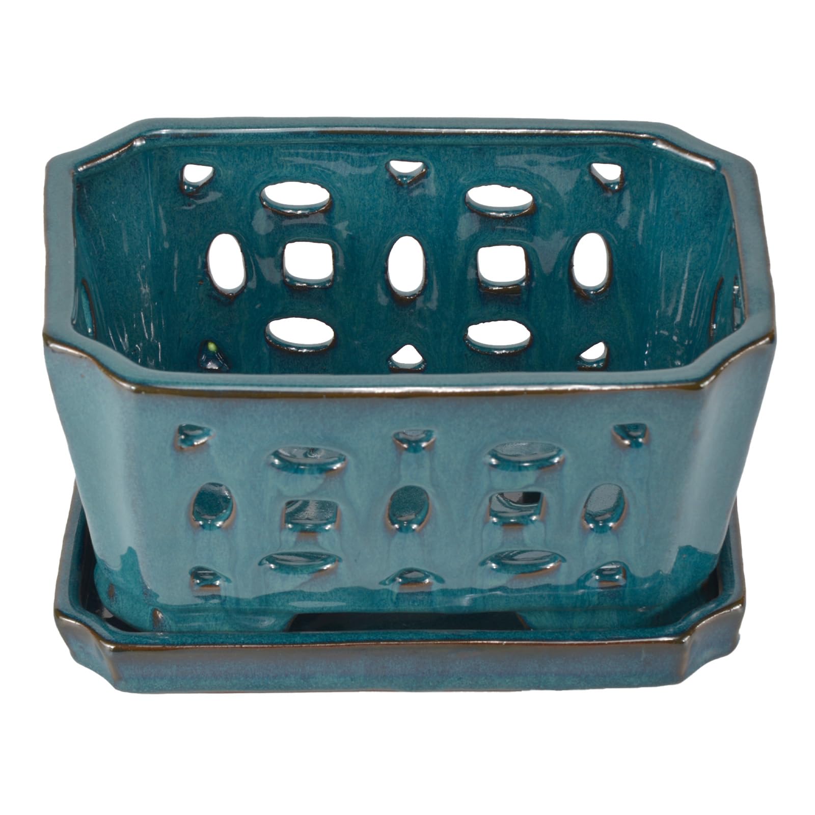 W&amp;W orchid pot teal glazed finish enhances elegant display in home decor