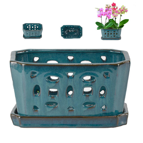 W&amp;W teal orchid pot with holes and saucer for proper drainage during repotting