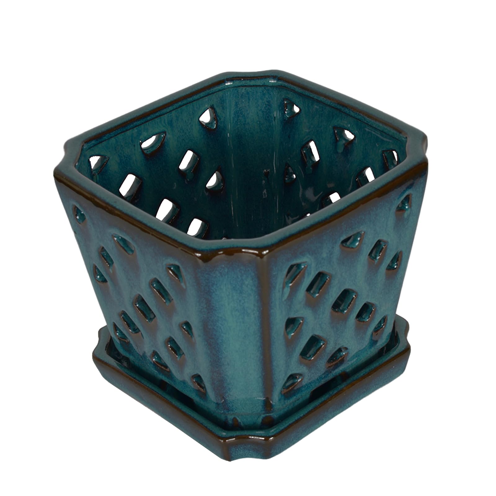 W&W Orchid Pot teal with saucer set for neat repotting