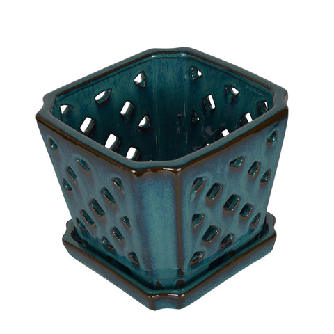 W&W Orchid Pot teal with saucer set for neat repotting