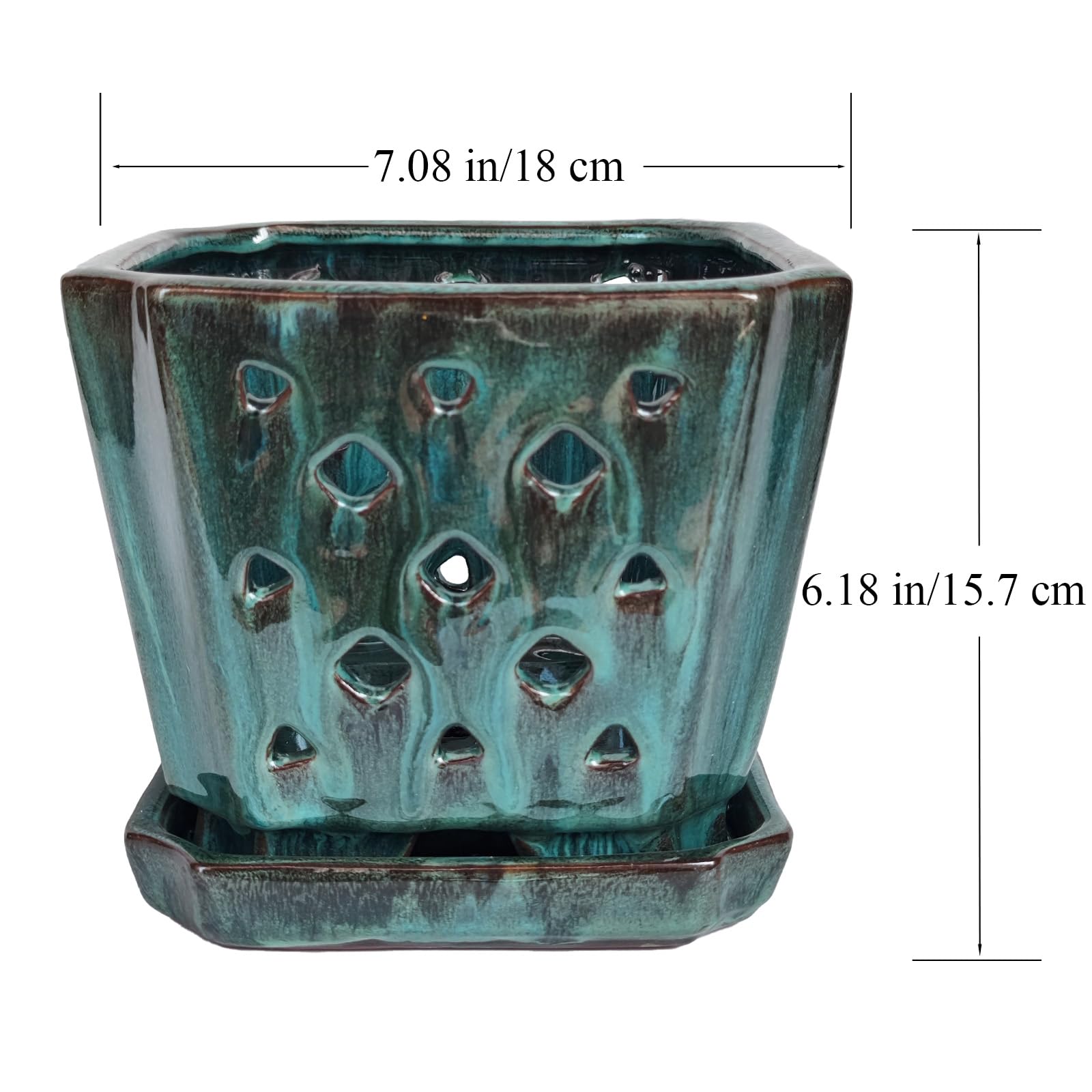 Orchid pot on a windowsill, accenting home decor with green glaze.