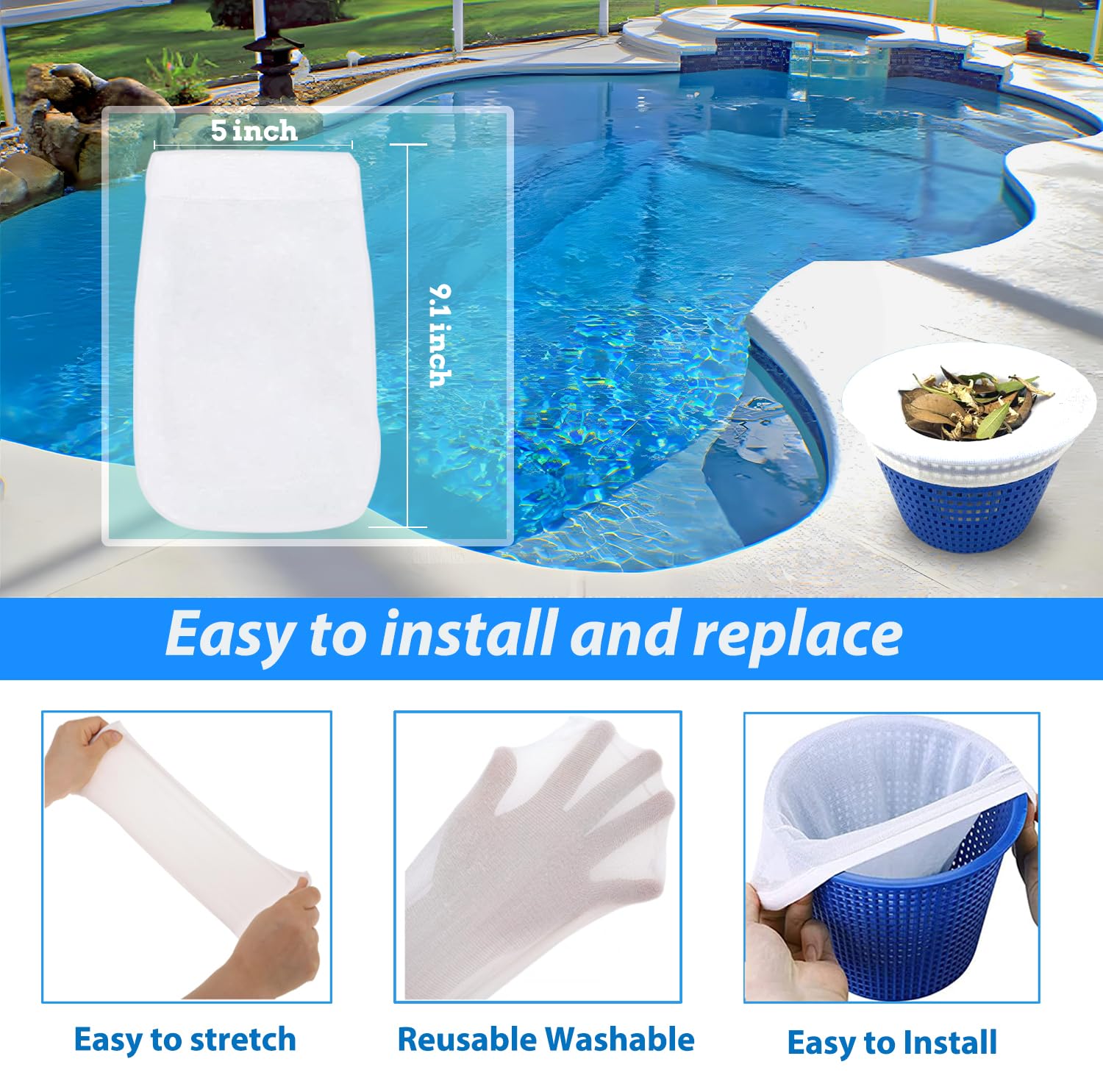 WXFANA pool skimmer socks trap leaves and pollen near the surface