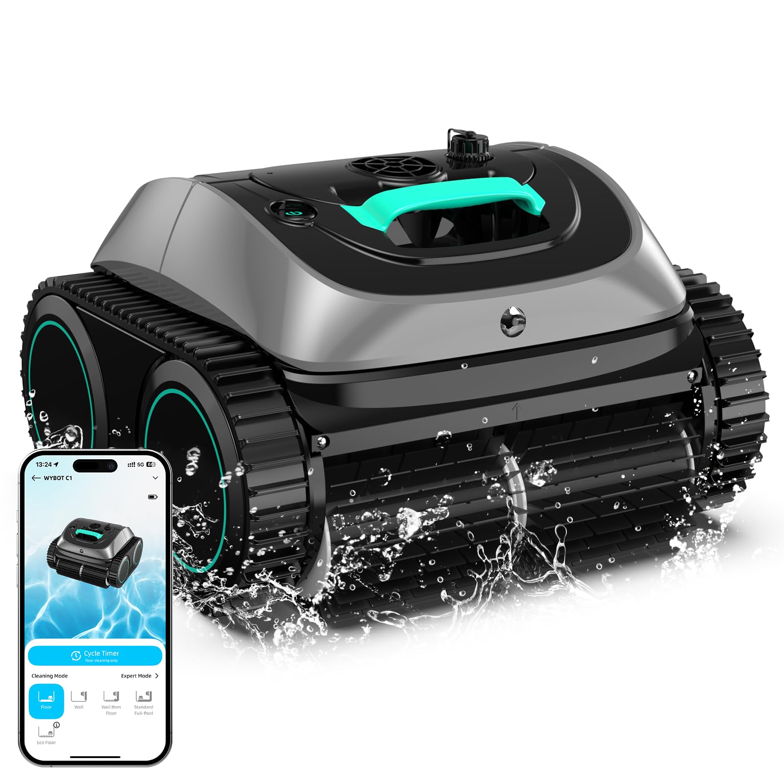 WYBOT C1 front view shows compact cordless design for inground pool cleaning