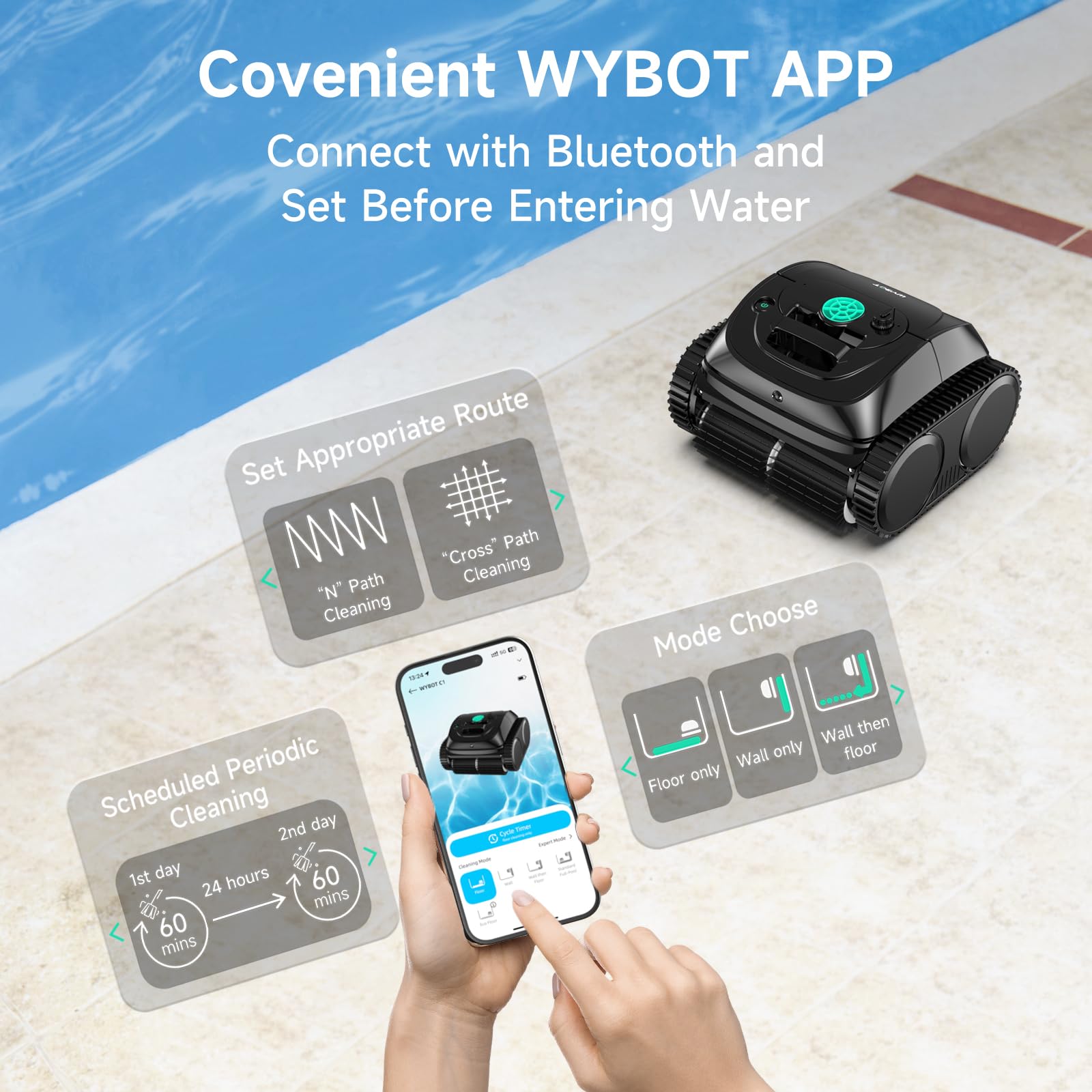 WYBOT C1 four-wheel traction on tile and vinyl surfaces in action.