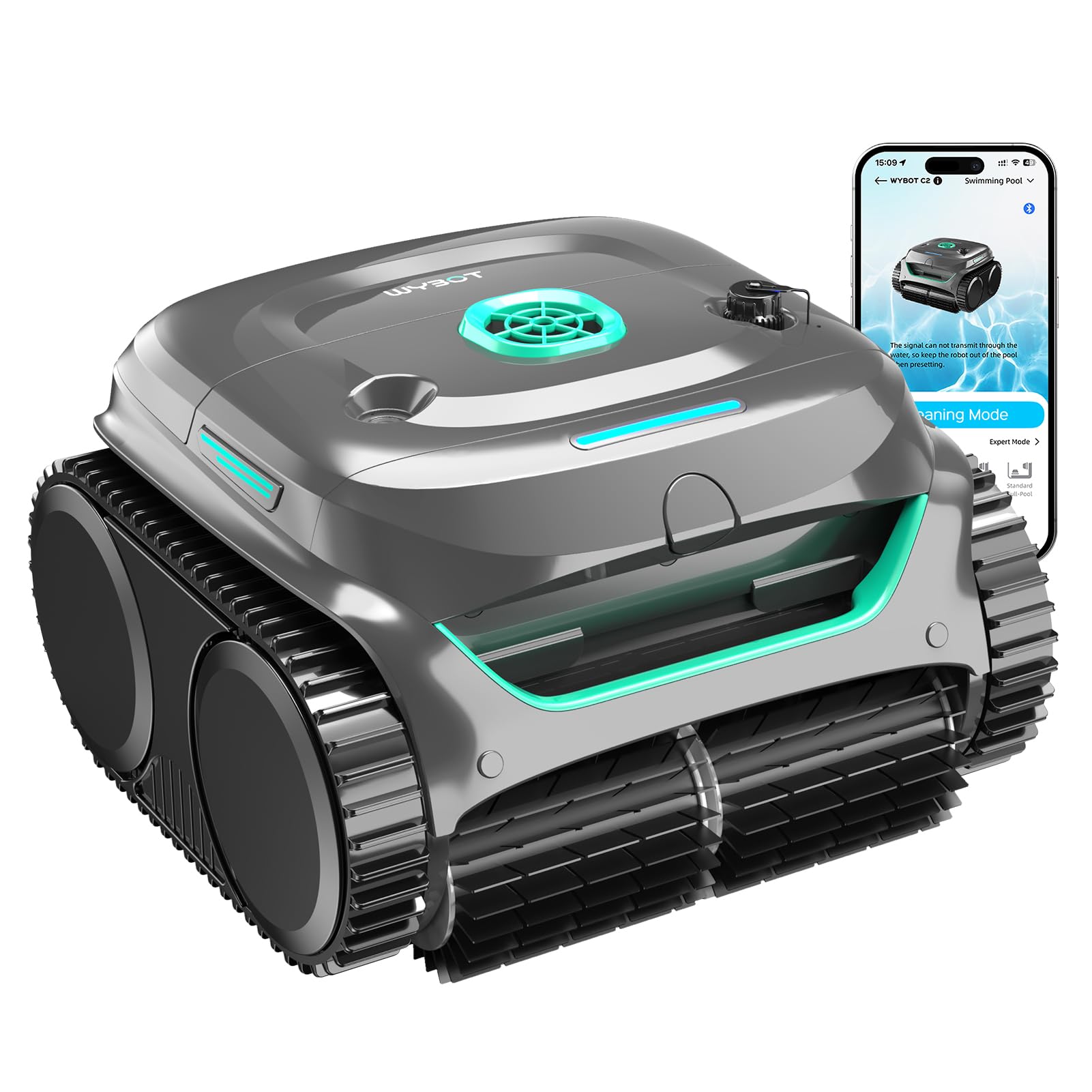 WYBOT C2 cordless pool cleaner on pool floor, with strong suction.