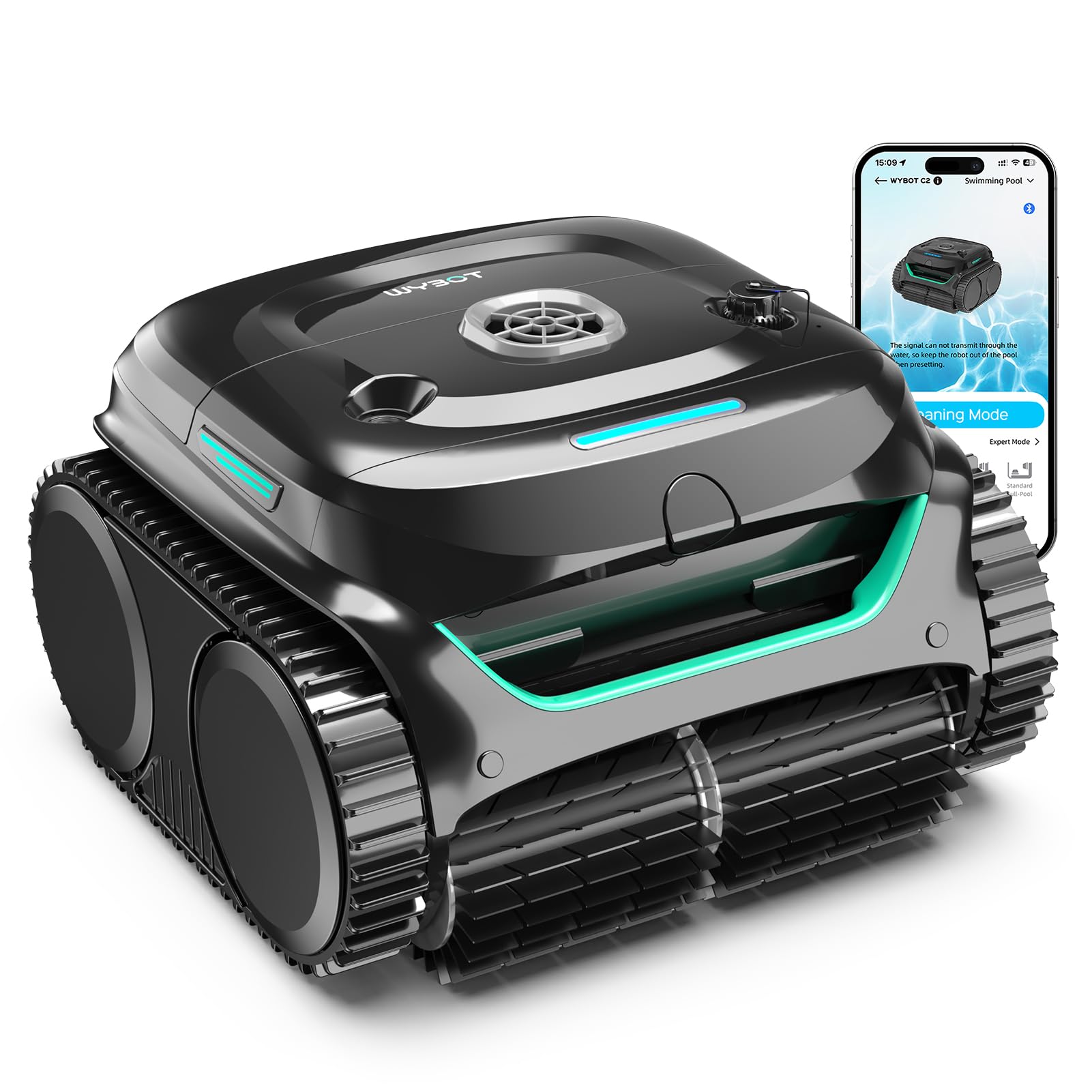 WYBOT C2 cordless pool cleaner front view shows compact design for efficient cleaning.