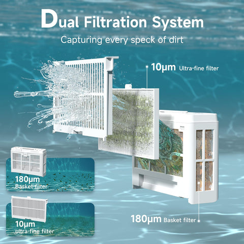 WYBOT C2 dual filtration system captures leaves and fine sand for clear water.