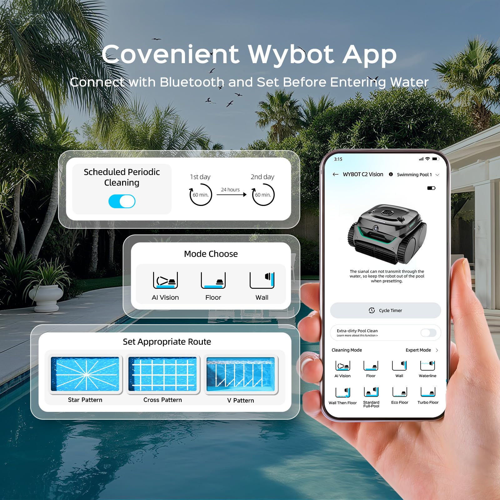 WYBOT C2 Vision adaptive AI learning builds pool-specific cleaning efficiency.