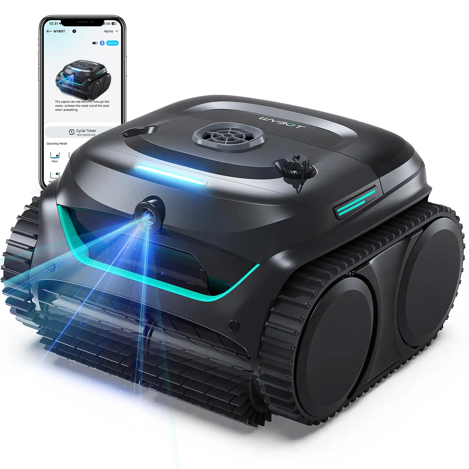 WYBOT C2 Vision AI camera detects dirt for thorough cleaning in large pools.