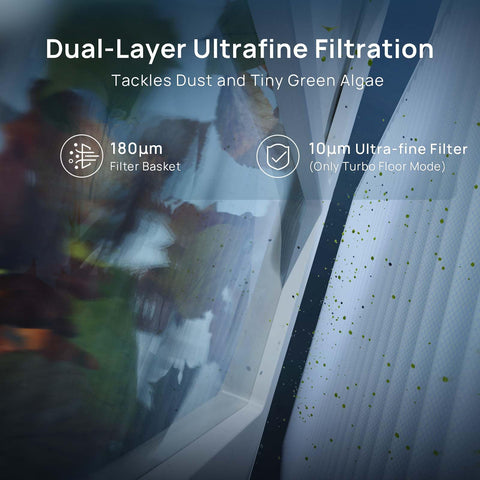 WYBOT C2 Vision dual-filter system traps fine dust and sand for cleaner water.