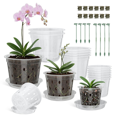 Wyegey 12-pack clear orchid pots in 4-6 inch sizes for easy repotting and moisture tracking.