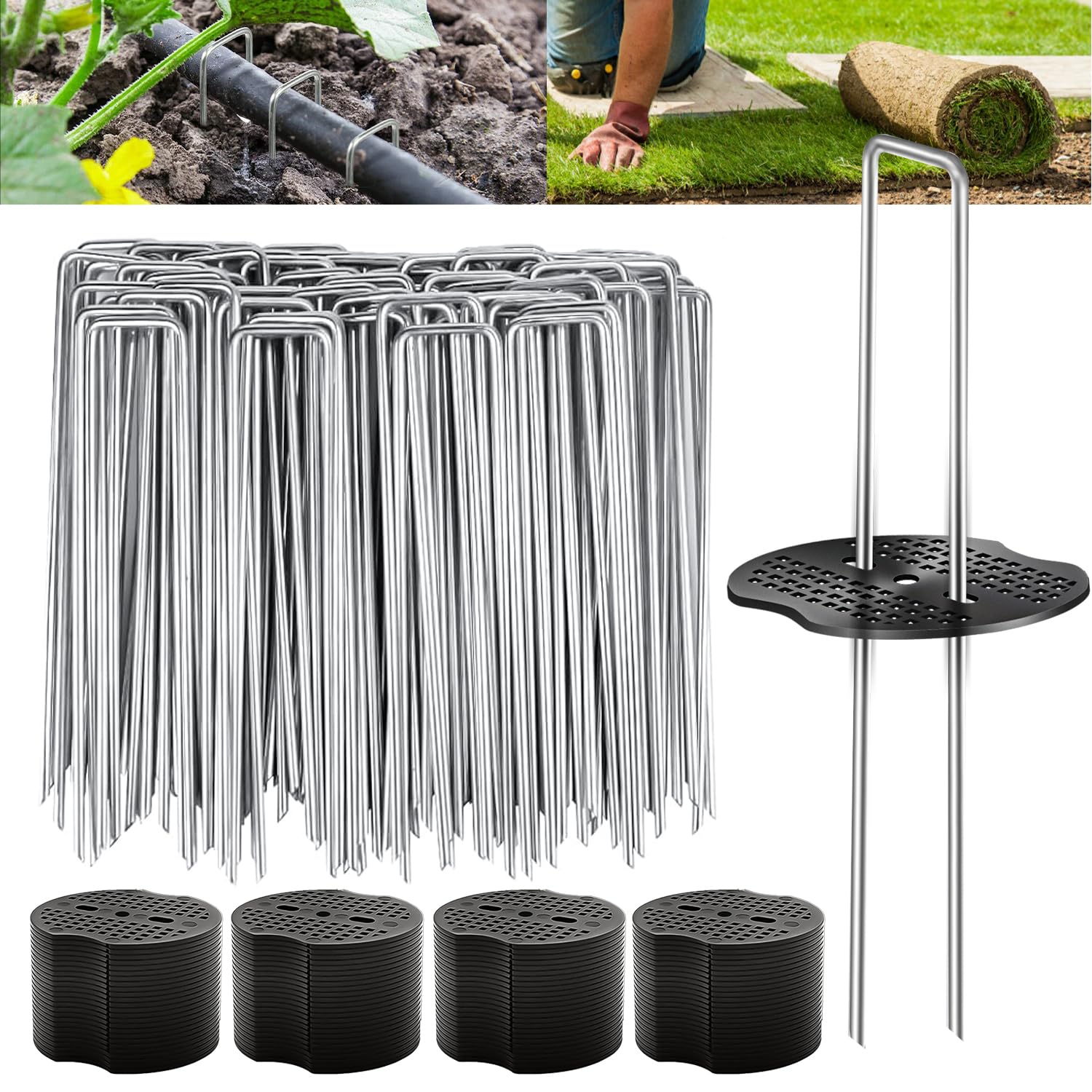 Wyegey 200pcs garden stakes set secures landscape fabric for a tidy, stable installation.