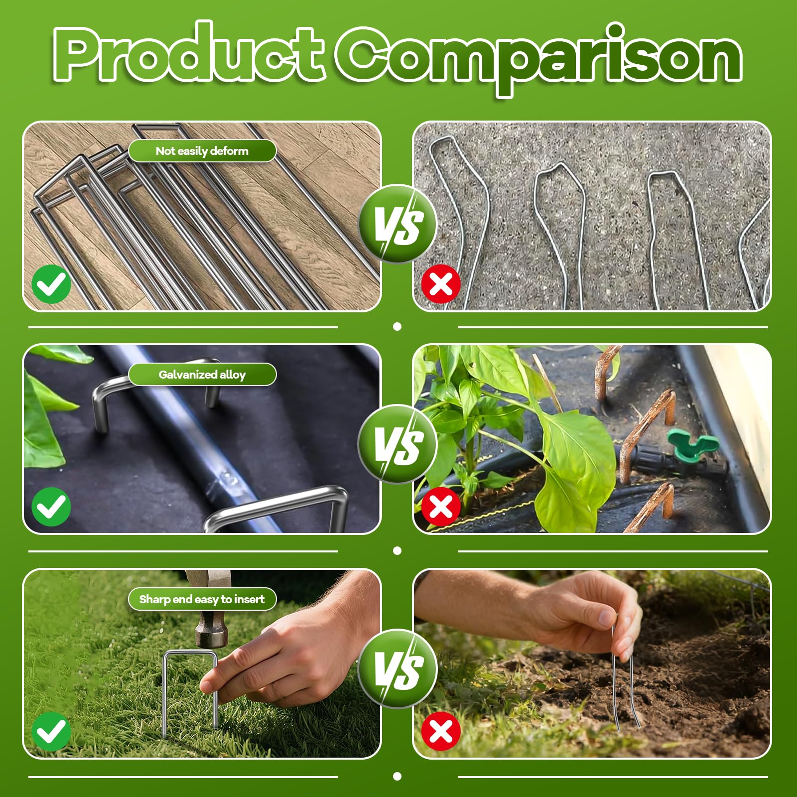 Wyegey ground stakes secure irrigation tubing along with fabric and netting.