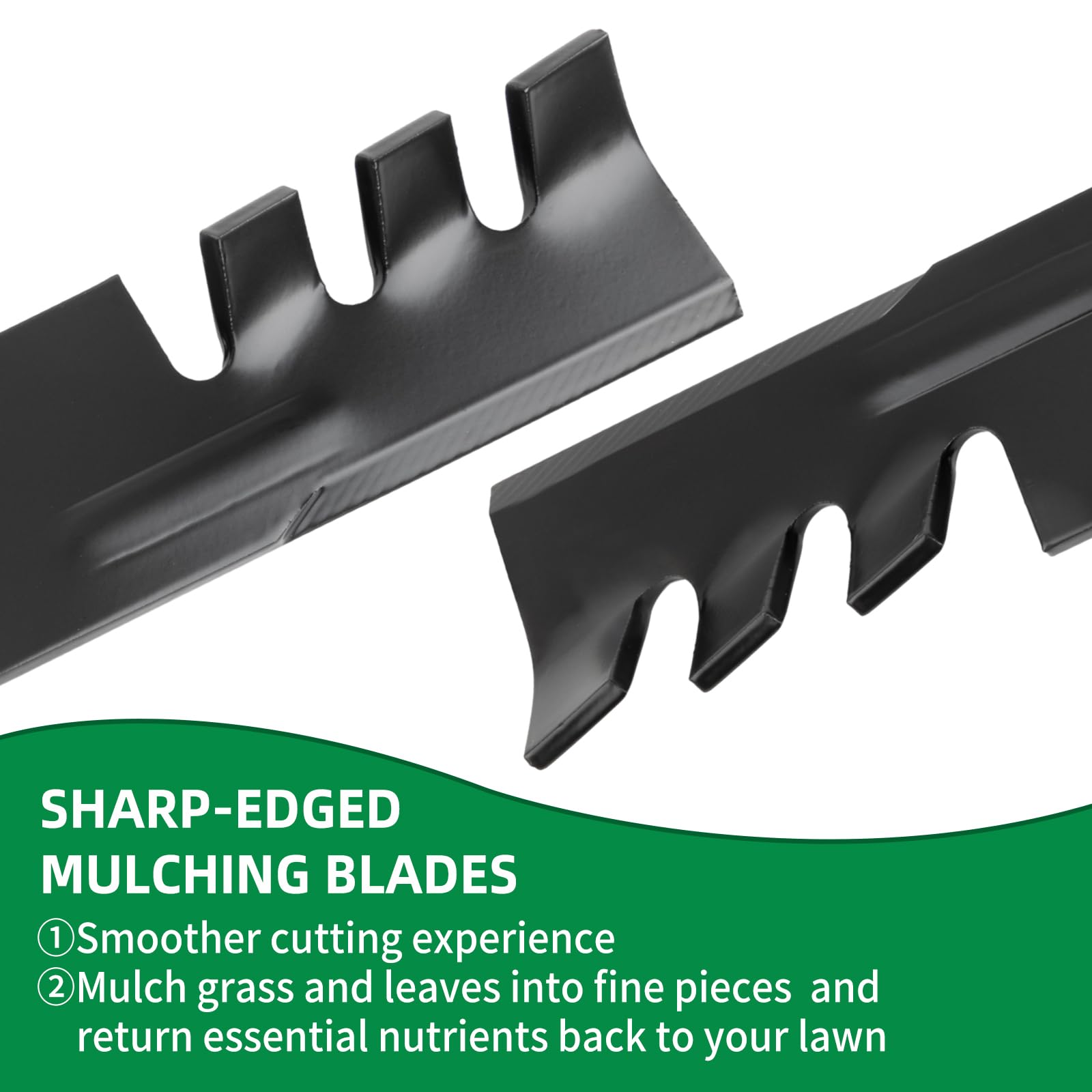 Wyevee mulching blade with curved edges enhances clippings recycling.