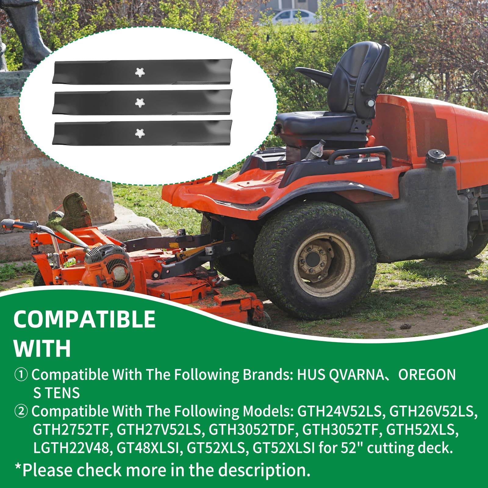 Wyevee three-pack blades for 52-inch deck, versatile lawn maintenance.