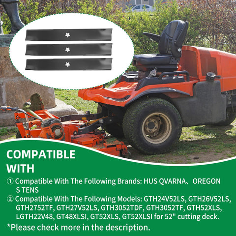 Wyevee three-pack blades for 52-inch deck, versatile lawn maintenance.
