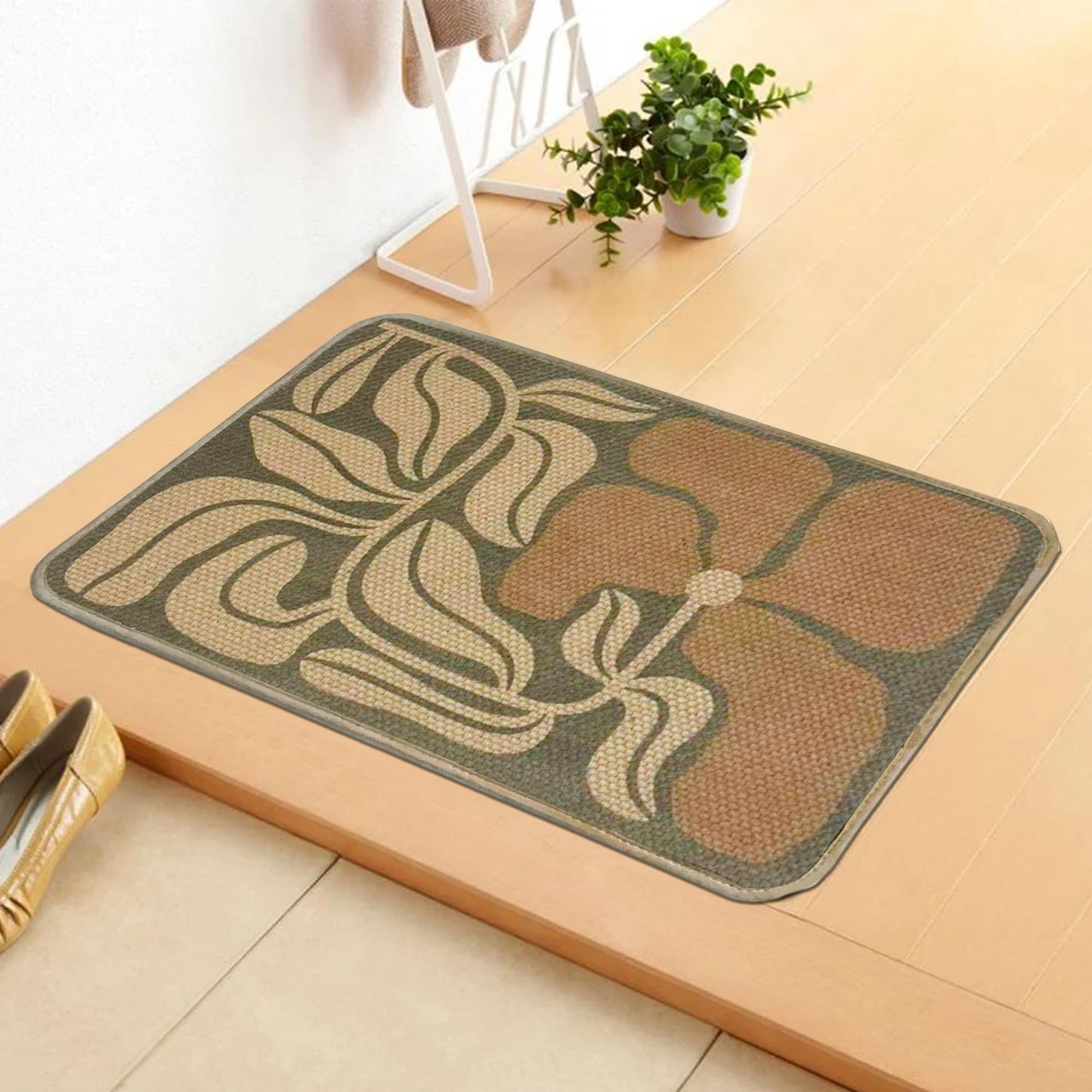 Wylumen Boho Floral Jute Door Mat non-slip backing prevents slips in entryways.