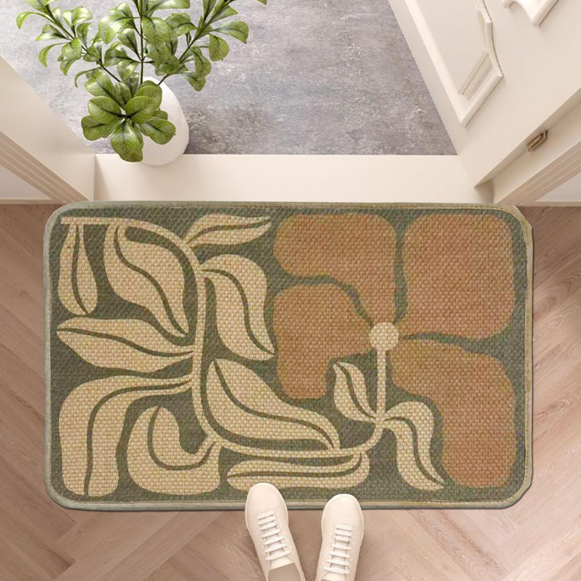 Wylumen Boho Floral Jute Door Mat close-up highlights woven texture and dirt trapping potential.