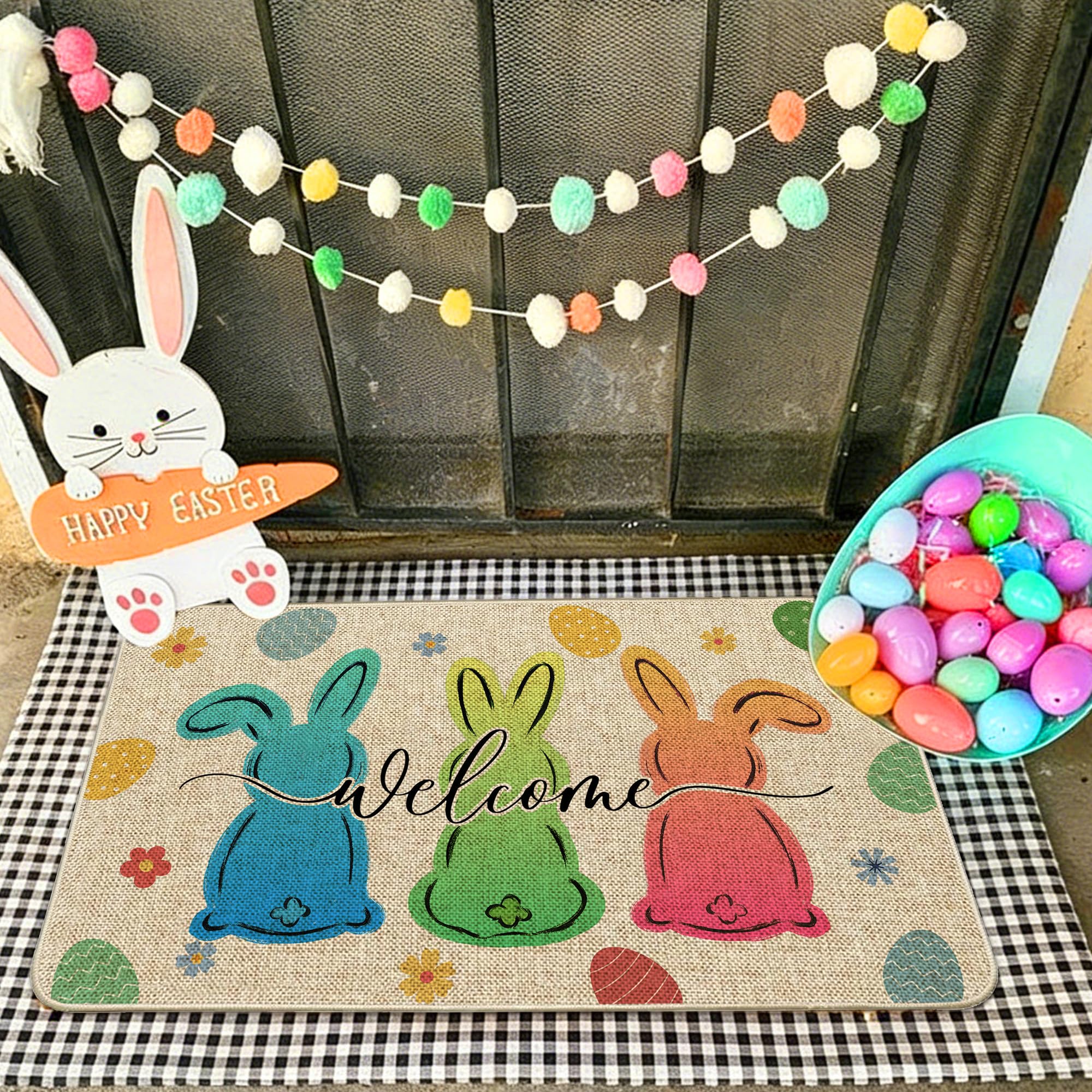 Wylumen spring front door mat with bunny eggs motif to greet guests