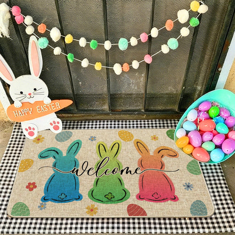 Wylumen spring front door mat with bunny eggs motif to greet guests