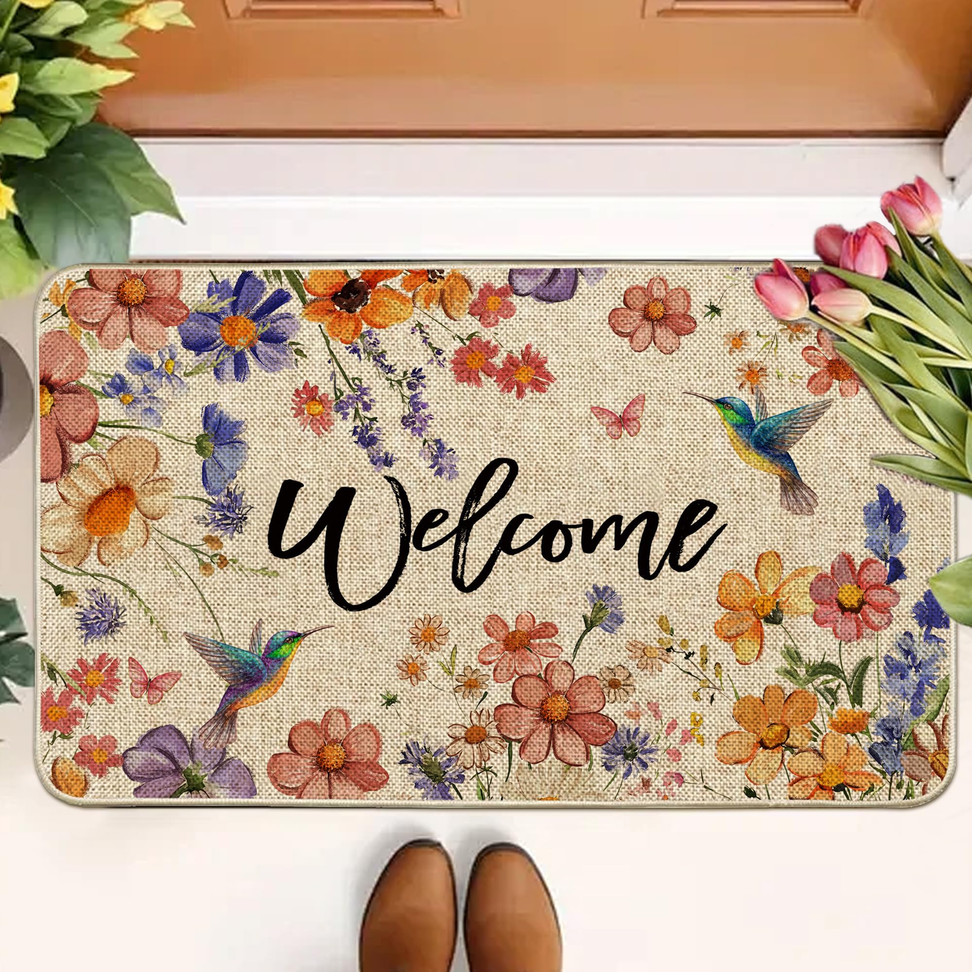 Wylumen Wildflower welcome doormat with non-slip backing for stable indoor use