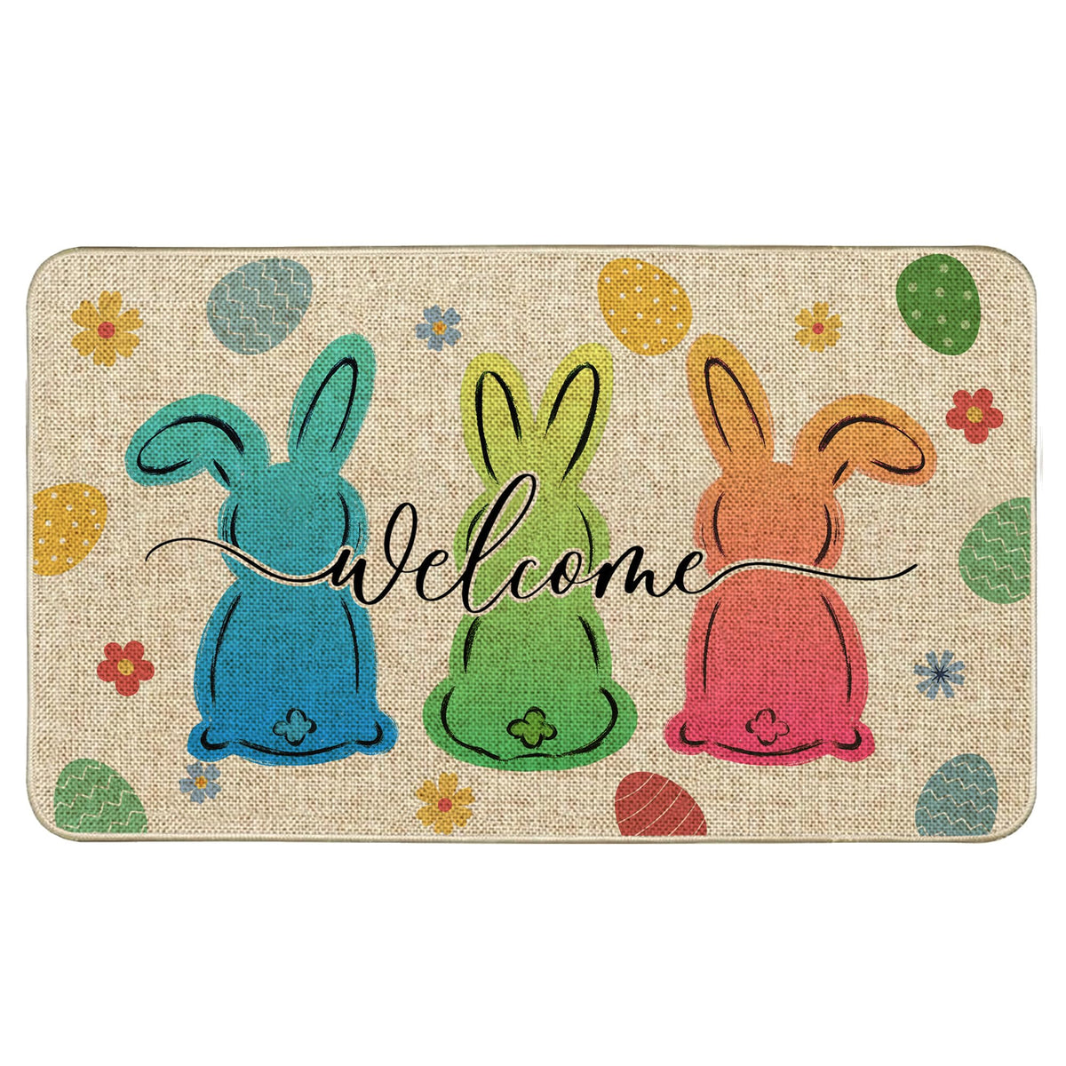 Wylumen Welcome Easter Bunny Eggs Doormat with burlap surface capturing dirt at entry