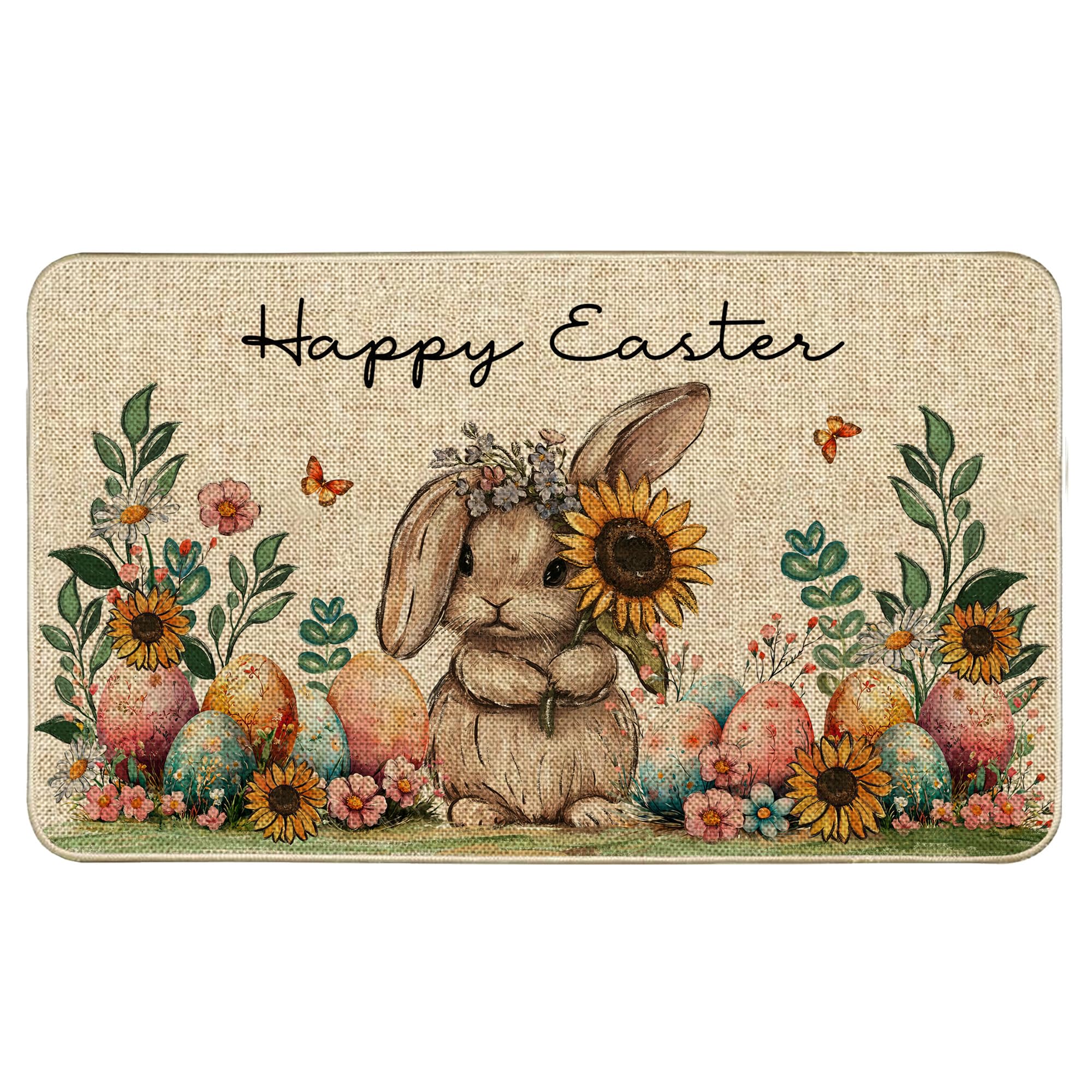 Wylumen Welcome Easter Bunny Eggs Doormat with burlap texture for dirt scraping at the door