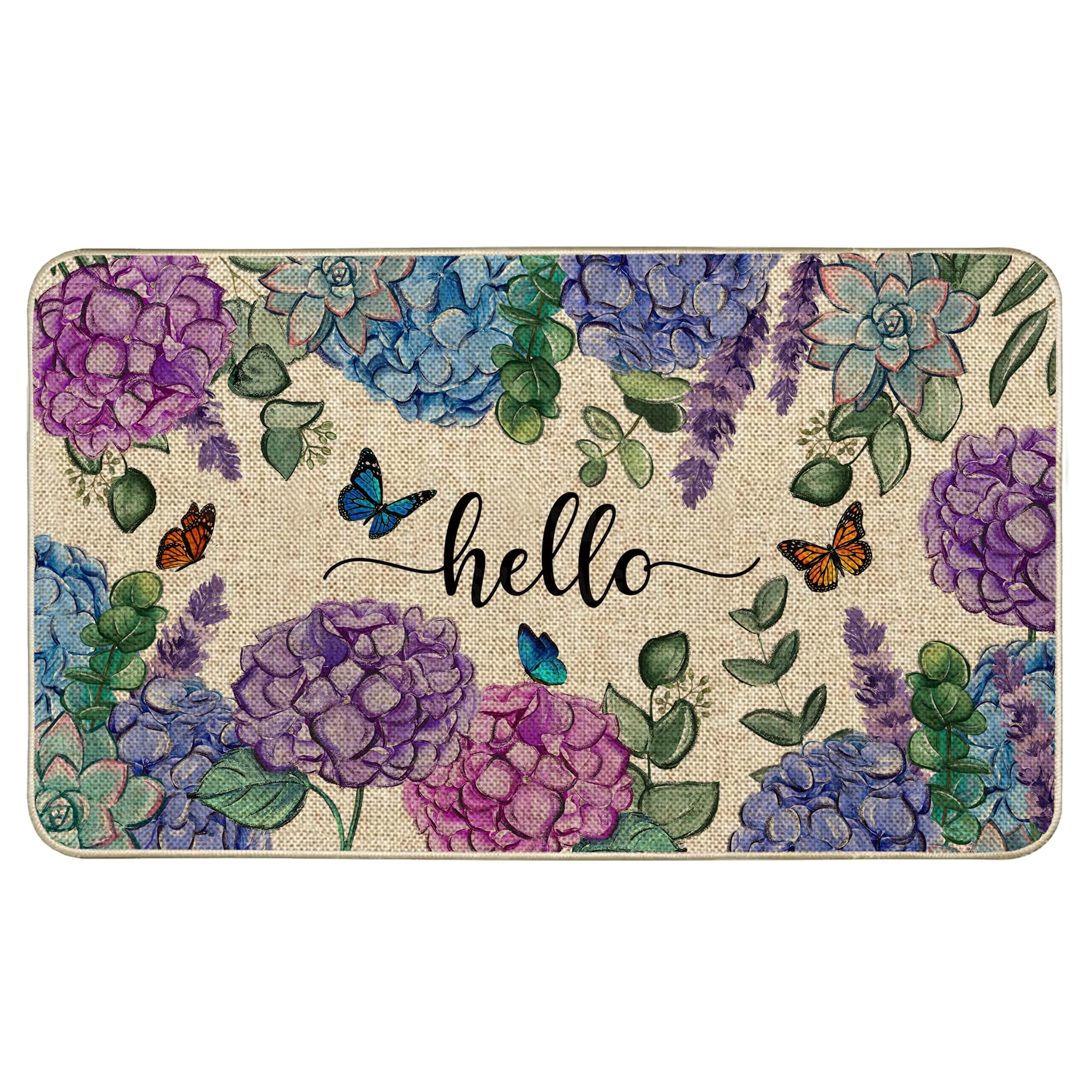 Wylumen Welcome Spring door mat with hydrangea bloom and anti-slip base.