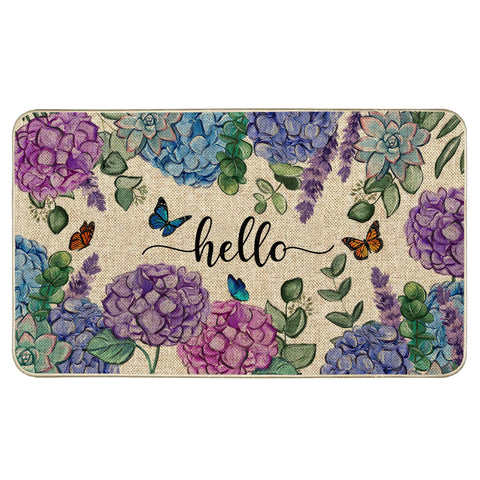 Wylumen Welcome Spring door mat with hydrangea bloom and anti-slip base.