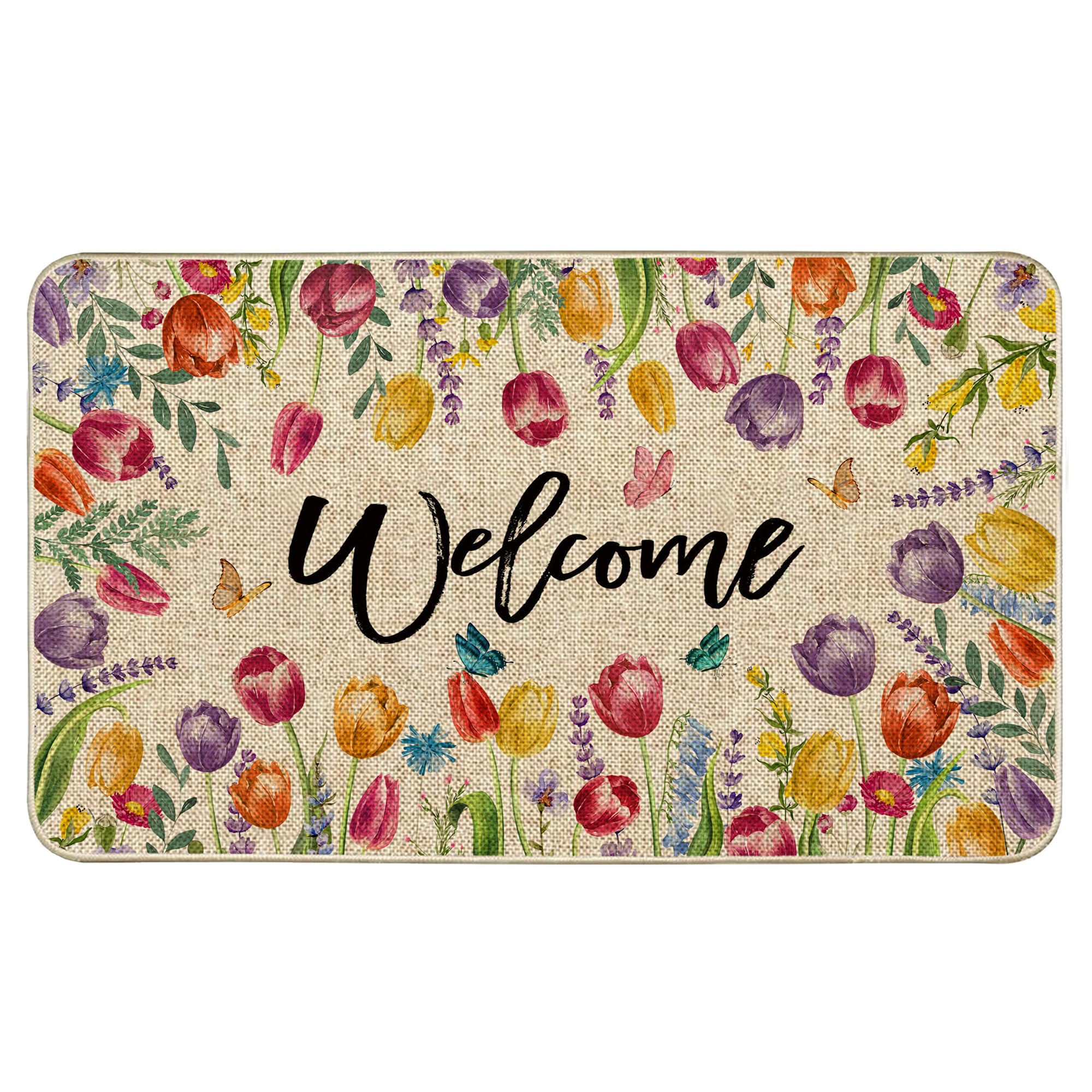 Wylumen Welcome Tulip Doormat front door view with dirt-scraping burlap for tidy entry.