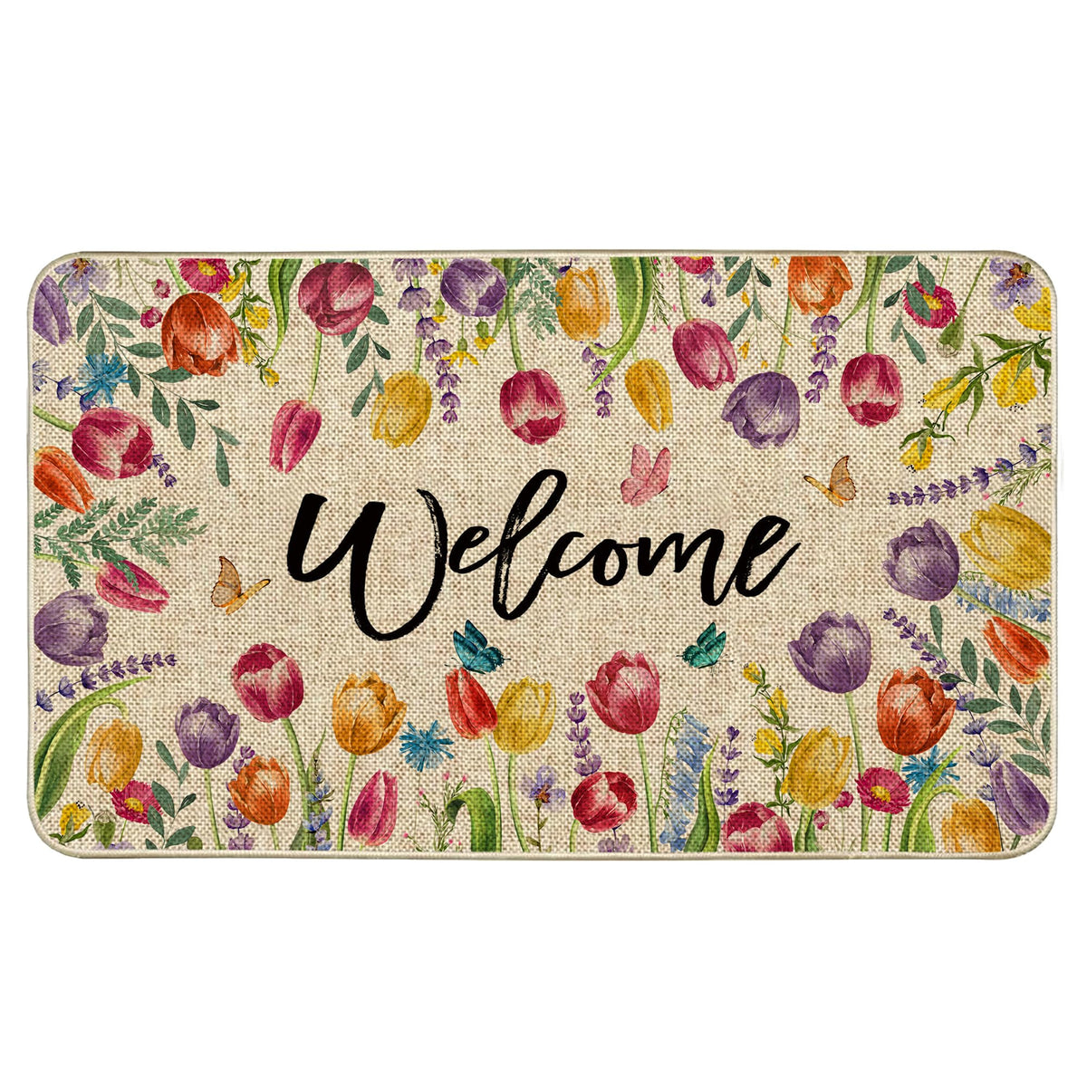 Wylumen Welcome Tulip Doormat front door view with dirt-scraping burlap for tidy entry.