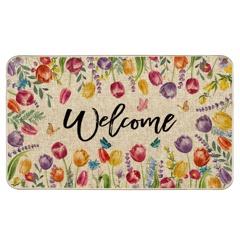 Wylumen Welcome Tulip Doormat front door view with dirt-scraping burlap for tidy entry.