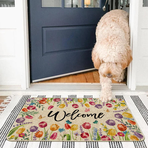 Wylumen Tulip Doormat 100% Burlap felt endures wear while catching dirt.