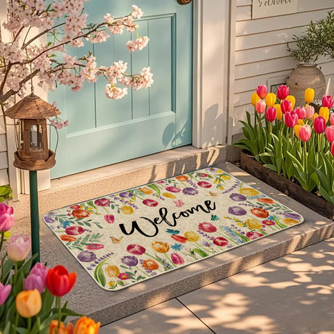 Wylumen Welcome Tulip Doormat on porch, durable, tear-resistant for high-traffic entryways.