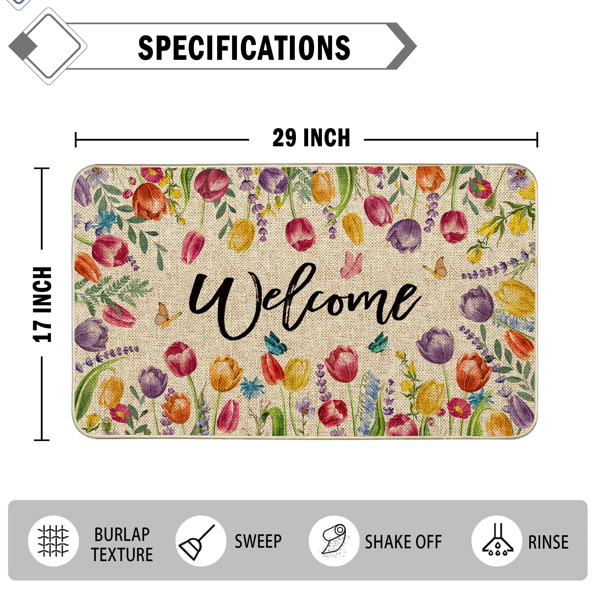 Wylumen Welcome Tulip Doormat 17x29 fits under doors with a low-profile design.